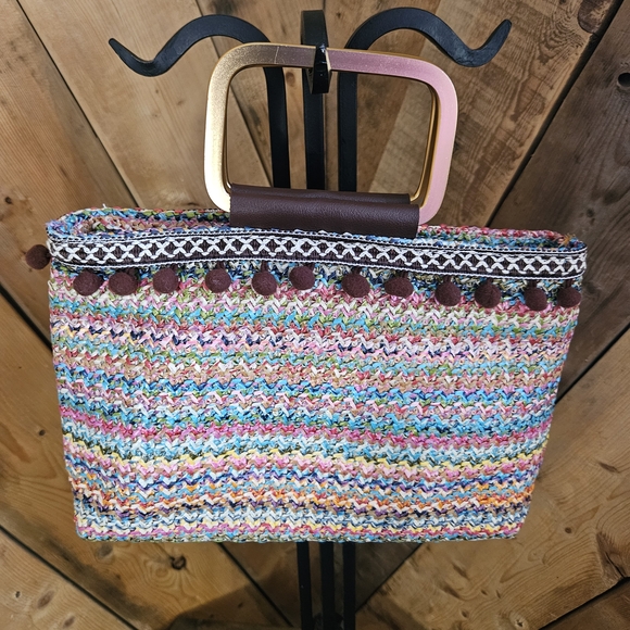 Boho Bundle! Woven Fabric Tote Bag Metal Handle Pom Poms And NWT Guess Wallet - Picture 4 of 12